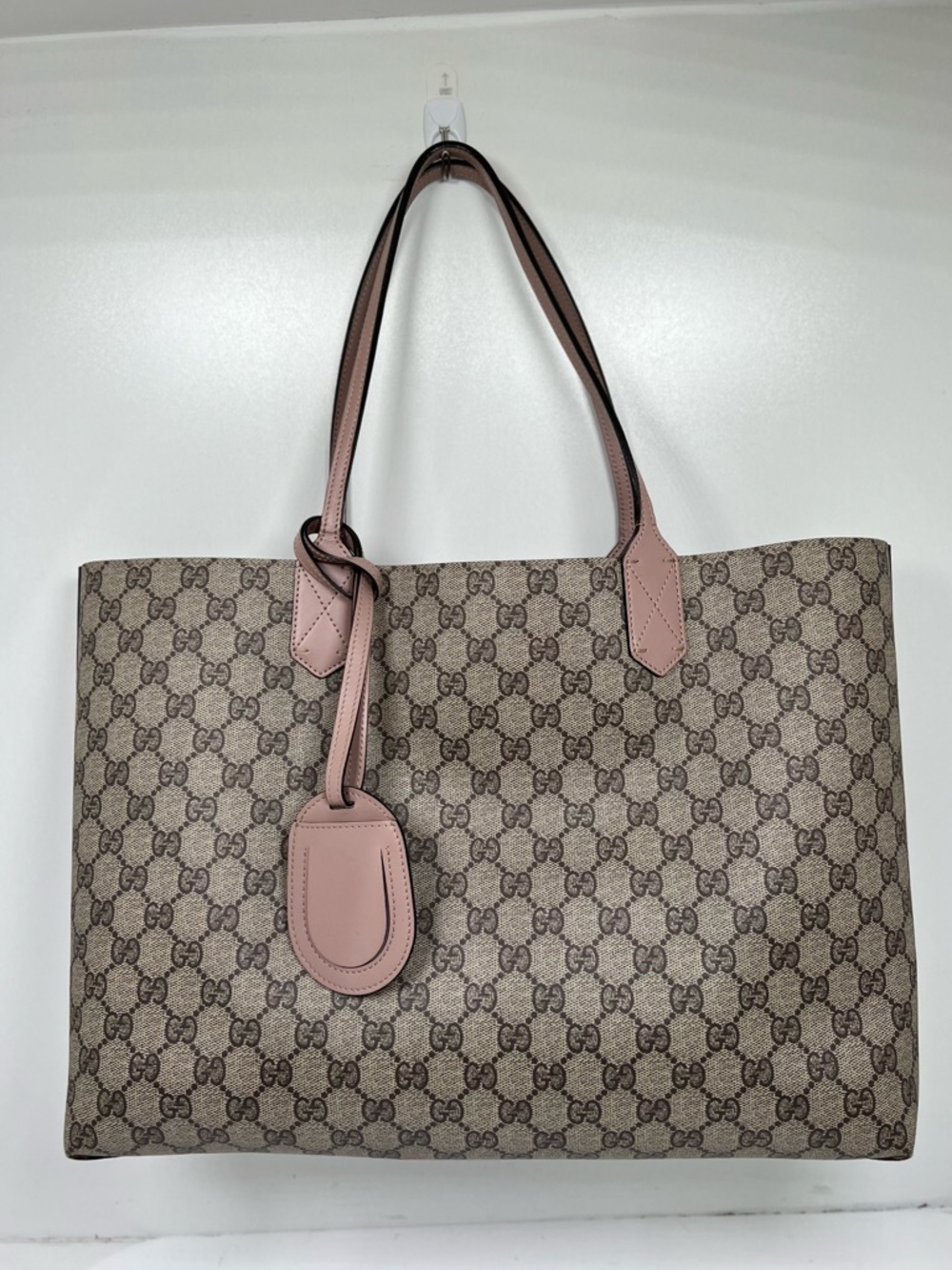 Gucci GG Supreme Reversible Tote Bag Pink Leather Trim Medium Italy